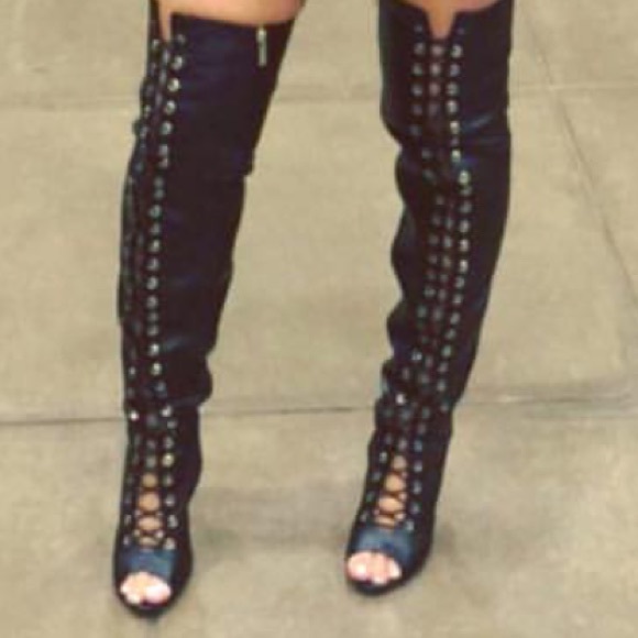 Lace up thigh high heel boots
