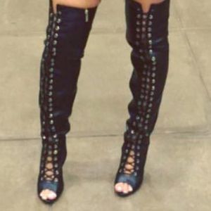 Lace up thigh high heel boots