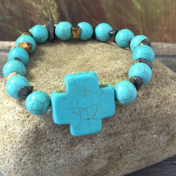Handmade Turquoise boho cross bracelet.