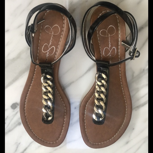 JESSICA SIMPSON BLACK CHAIN ACCENT SANDALS