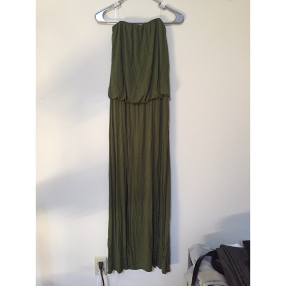 Olive Green Strapless Maxi Dress With Sexy Slits
