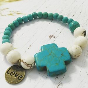 White and turquoise handmade beaded bracelet.