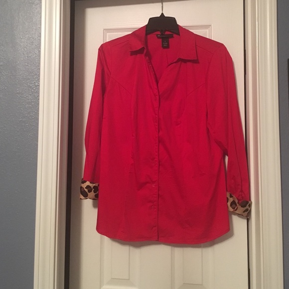 Red, button down dress shirt with cheetah accents