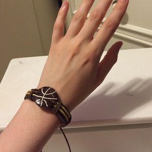 Leather and carved coconut shell bracelet