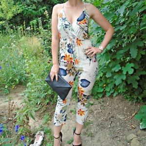 White Leaves Print Slim Jumpsuit