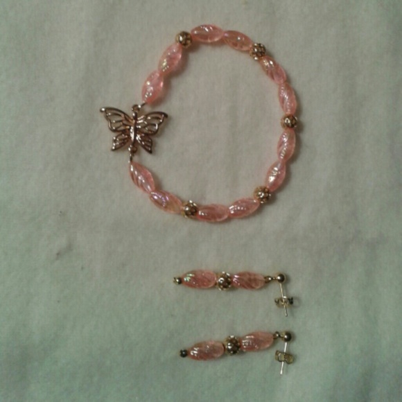 Bracelet and Earrings Pink & gold Beads