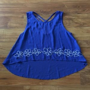 Women's Blue Hi Low Floral Embroidered Tank Top L