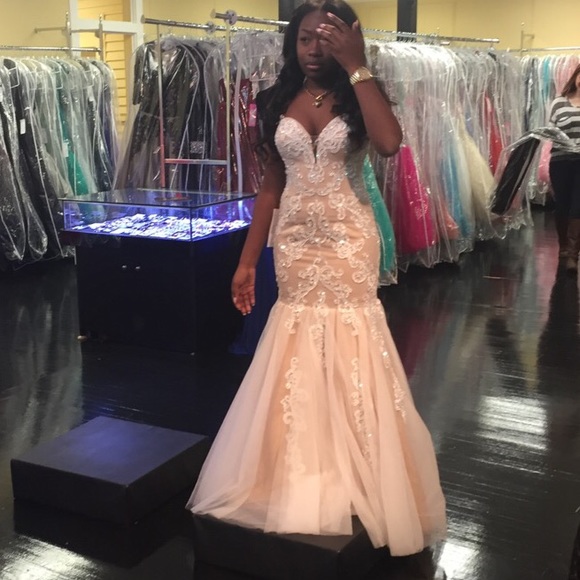 le femme nude and white prom dress.
