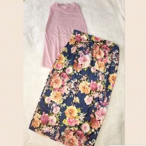 SALE•• pink bodysuit and floral high waisted skirt
