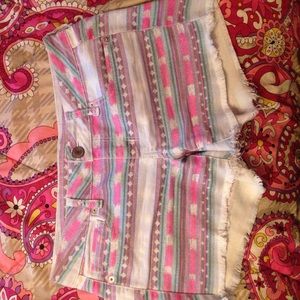 Tribal print denim shorts