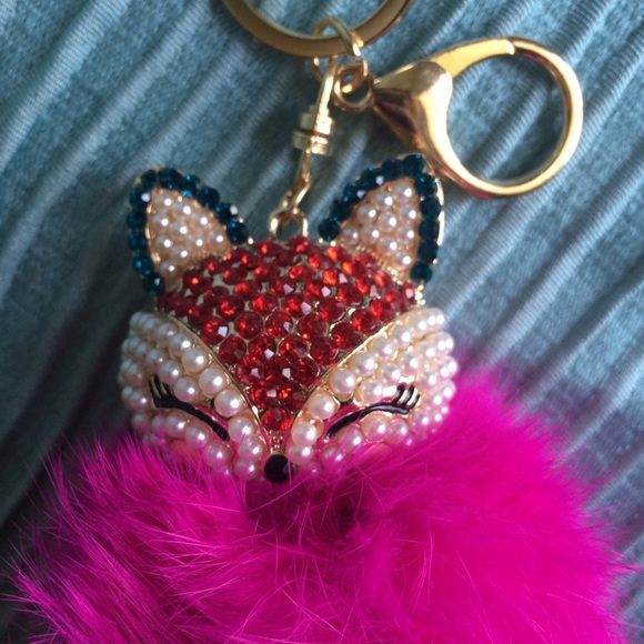 😍HP!💖 Fox Fur Ball Pearl & Rhinestone Bag Charm - Picture 2 of 4