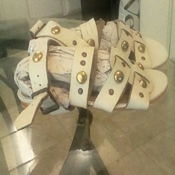 TOP SHOP LEATHER ROMAN SANDALS WHITE GOLD STUDS 36 - Picture 2 of 4