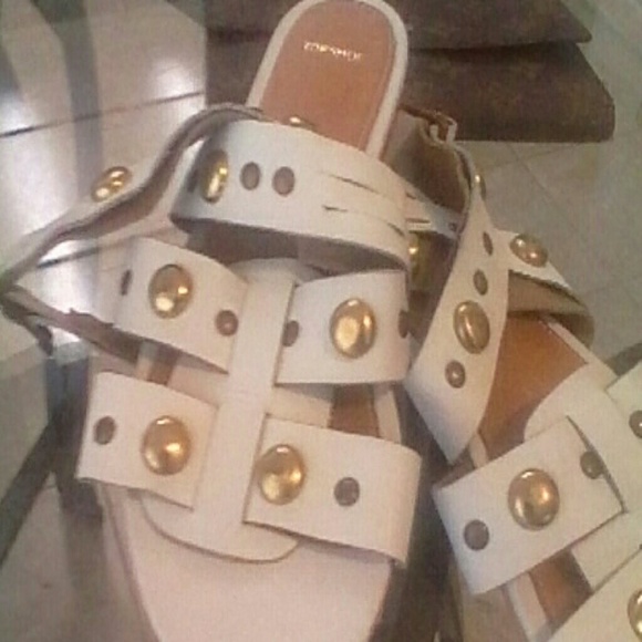 TOP SHOP LEATHER ROMAN SANDALS WHITE GOLD STUDS 36 - Picture 3 of 4