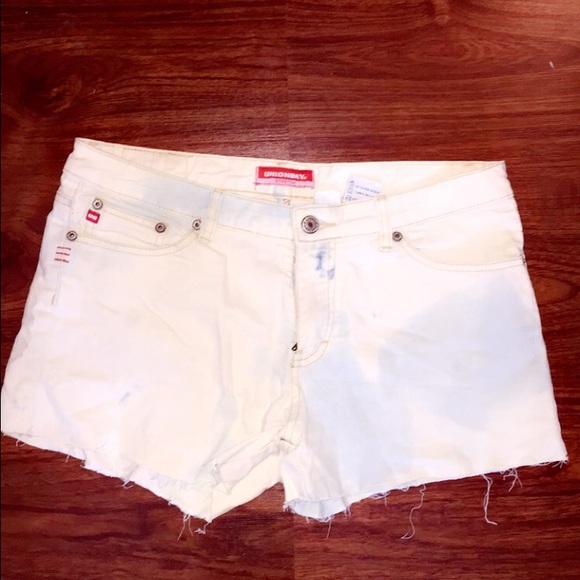 Dip dyed white and blue denim shorts