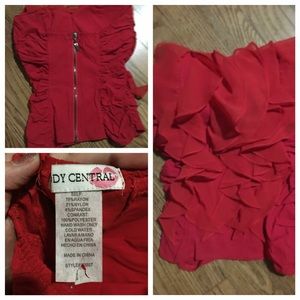 Strapless ruffled top, and black and white skirt