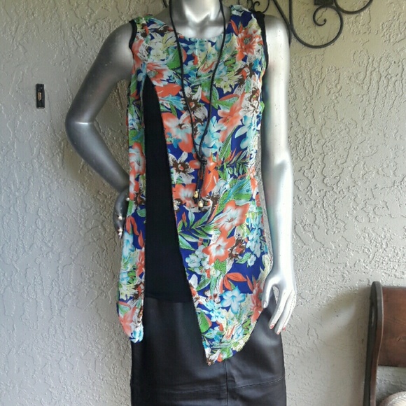 New Tropical Chiffon Overlay Blouse - Picture 2 of 4
