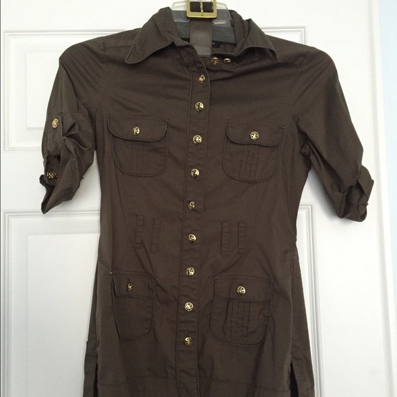 Brown Bebe shirt with gold buttons.