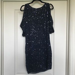 Aidan Mattox Sequin Cold-Shoulder Dress Navy
