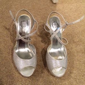 Studded sparkly strappy silver heels