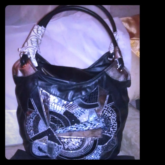 NWT! Bebe BLACK LEATHER SEQUIN HANDBAG DRESS PURSE