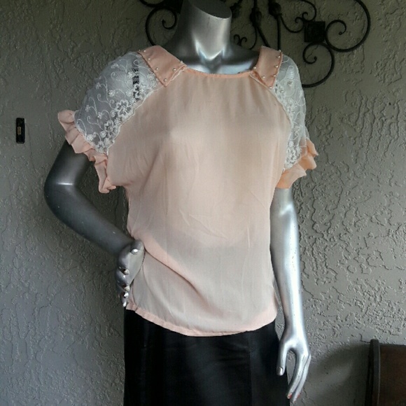 Tops - NEW Sweet Peach Lace & Pearl Accented Blouse