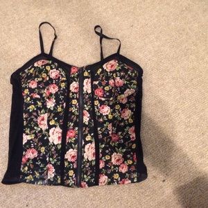 Rosy floral patterned tank mesh see through back