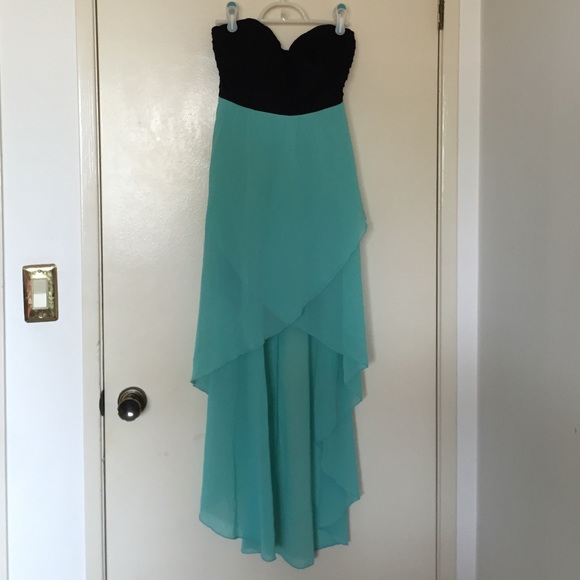 Worn once. Black and teal hi-low dress