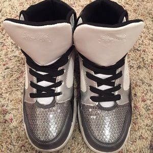 White/gray high top shoes