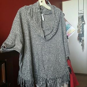 Grey fringed cowl neck