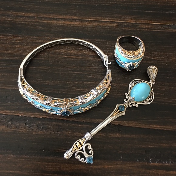 Rare turquoise and London blue topaz jewelry set - Picture 2 of 4