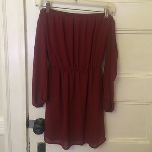 Burgundy off-the-shoulder long sleeved dress
