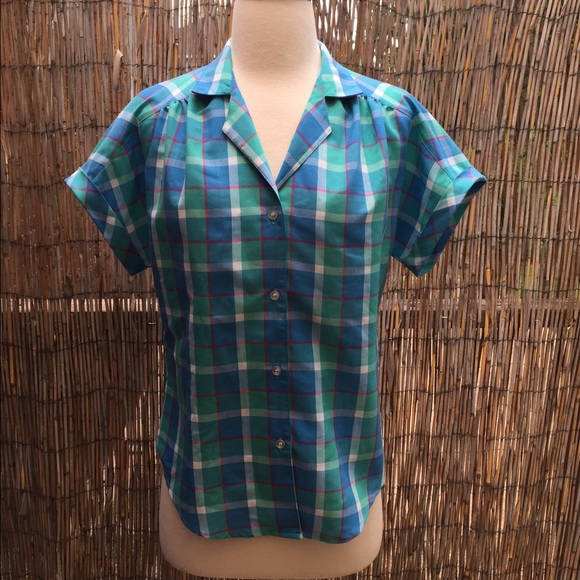 Vintage blue plaid button up blouse