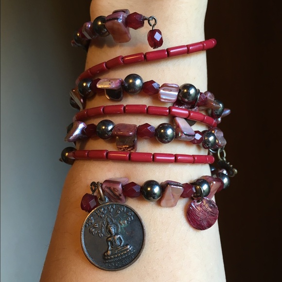 Wire wrap dk red beaded bracelet with Buddha charm