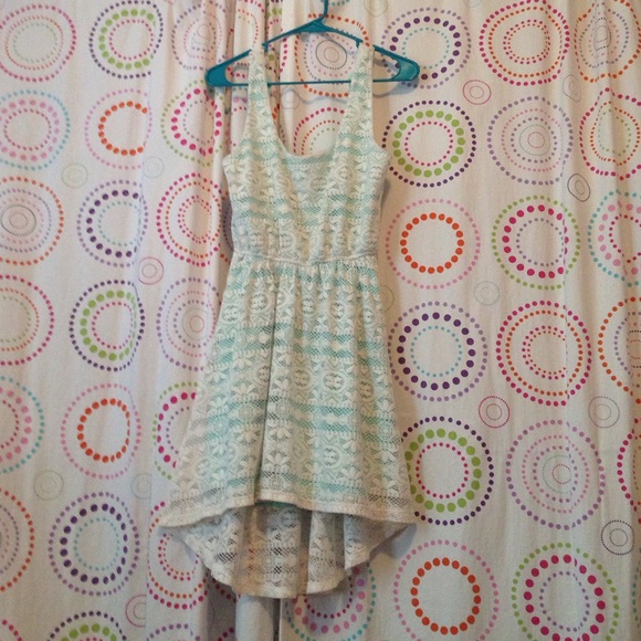 Sleeveless, blue dress with white lace