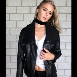Black Leather Jacket with Knit Detail