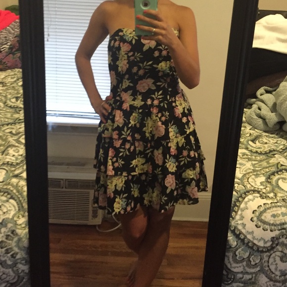 Black floral strapless dress