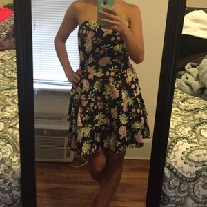 Black floral strapless dress