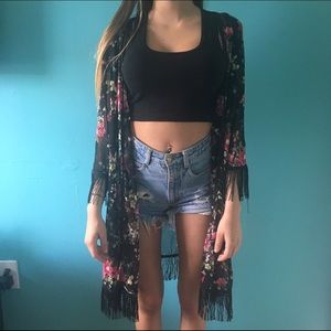 Black floral fringe kimono