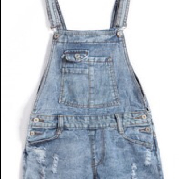 Distressed denim overalls