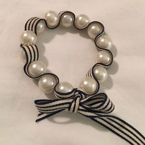 "Pearl" Bracelet with Navy and White Ribbon