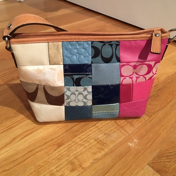 Pink, blue and creme multi fabric coach purse