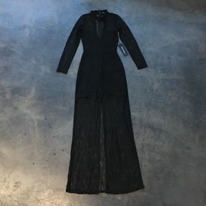 Black Long Sleeved Lace Dress with Center Split