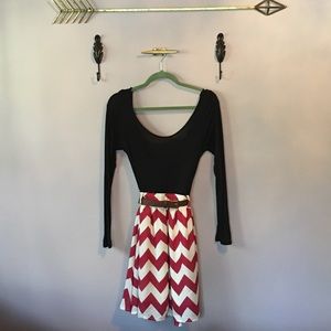 Long Sleeve Dress. Black With Creme&Red Chevron