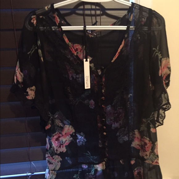 NWT Buffalo black and pink floral sheer blouse. - Picture 2 of 4