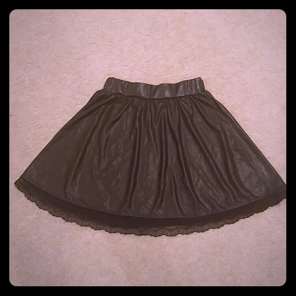 Black faux leather skirt with lace trimming
