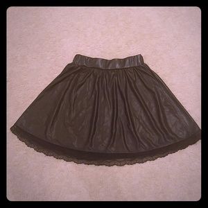 Black faux leather skirt with lace trimming