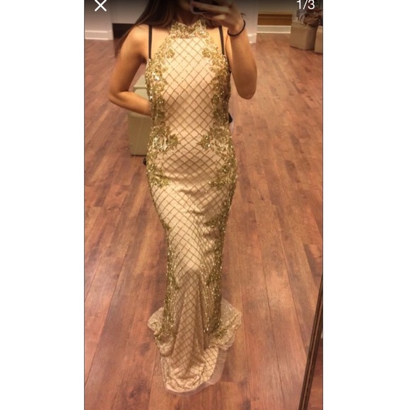 Prom dress gold beaded dress