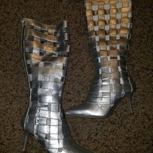 Silver knee high cut out boots