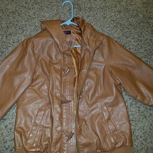 Brown faux leather jacket with hood