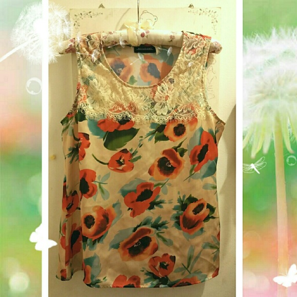 Brand new floral print lace satin top.
